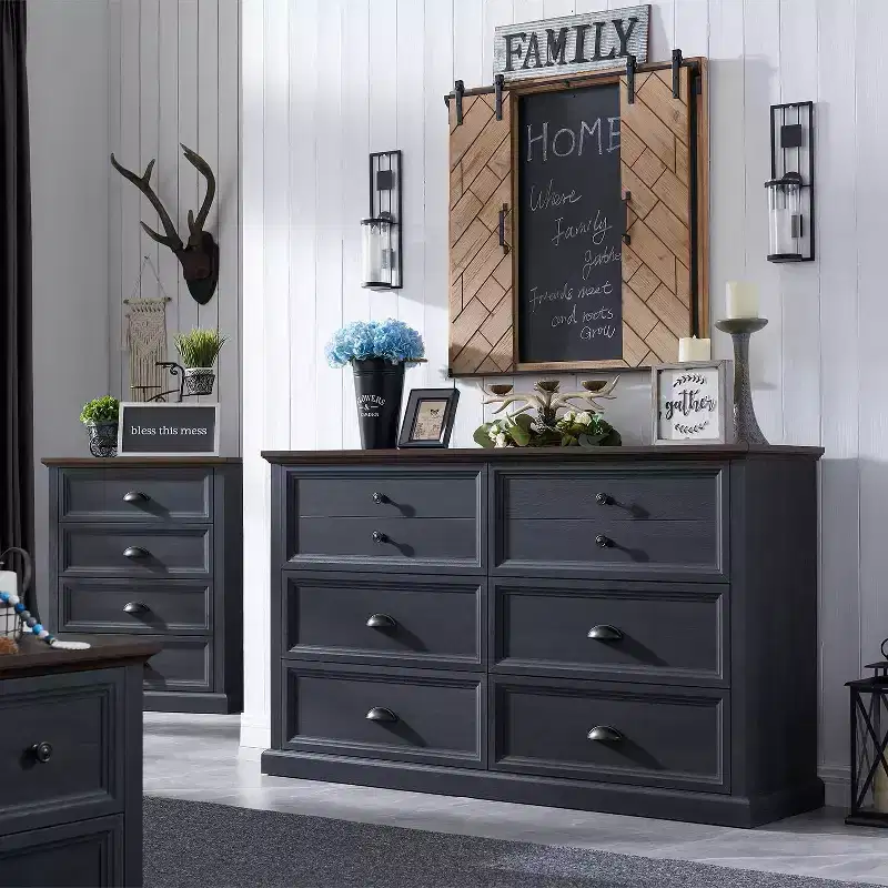 SinCiDo Farmhouse Dresser with 6 Drawer, 58 Wide Vertical Dresser, Drawers Organizer Closet, 2 Different Drawer Sizes for Living Room