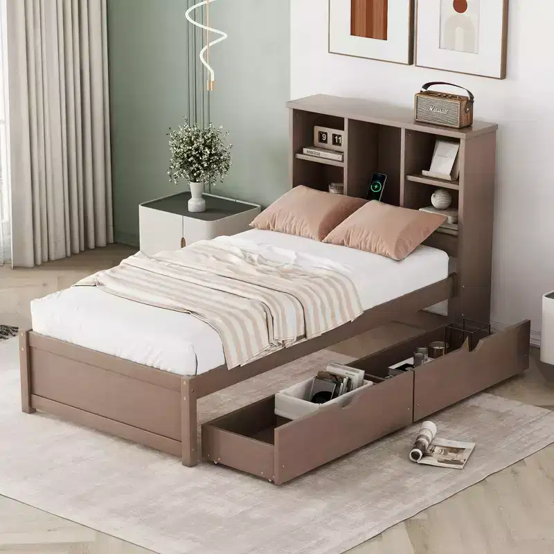 Modern Grey Single Bed Frame - Bookcase Headboard, 2 Drawers, USB Port