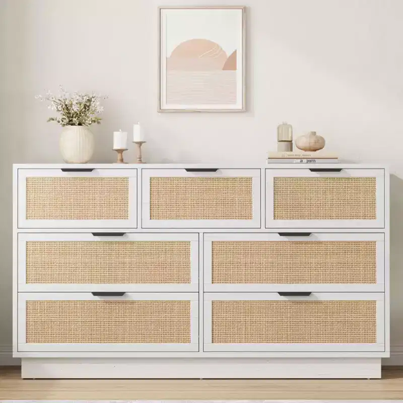 Rattan 7 Drawer Dresser, 55in Wide 7 Chest of Drawers with Metal Handles and Wooden Sturdy Base for Bedroom Living Room Nursery
