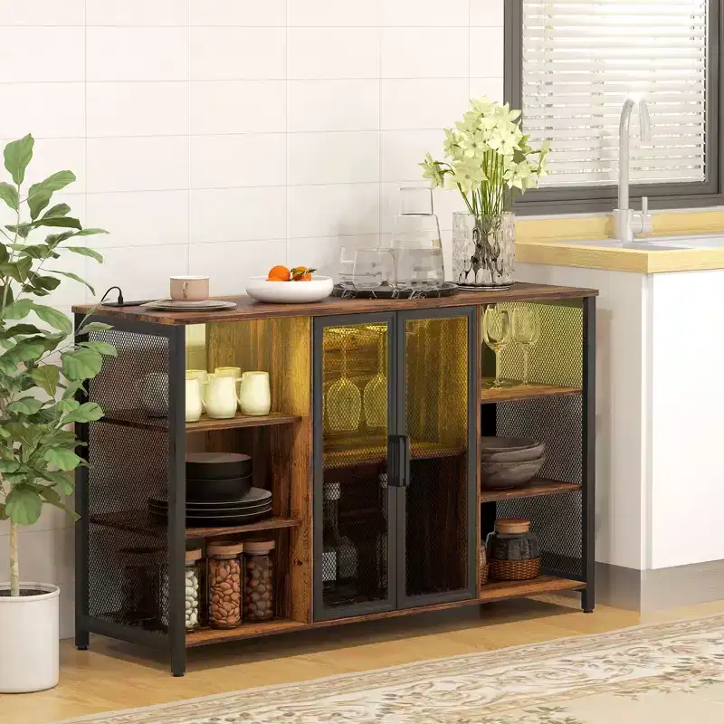 Wine Bar Cabinet with RGB LED Lights, Charging Station & Glass Holders, Brown