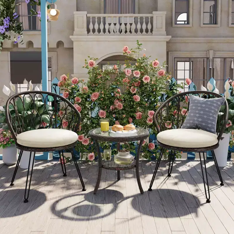 Whisen Outdoor Leisure Set, 2 Rattan Single Chairs with A Glass Round Table, Perfectly Suited for Patios, Balconies, and Courtyards
