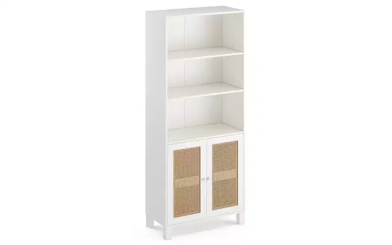 Farmhouse 5-Tier Tall Wood Bookshelf with Rattan Doors, Display Bookcase for Bedroom & Living Room