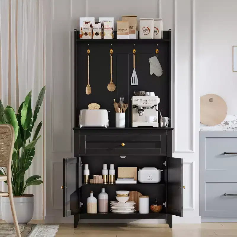 COZONY 63 Kitchen Pantry Cabinet with Hooks, Drawer & Adjustable Shelves Coffee Bar Storage Cabinet for Dining Room Living Room