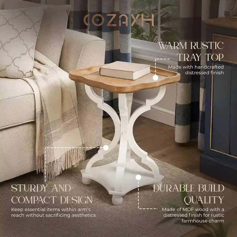 COZAYH Square Rustic Wooden Accent Tray Top Nightstand Side Table, Set of 2