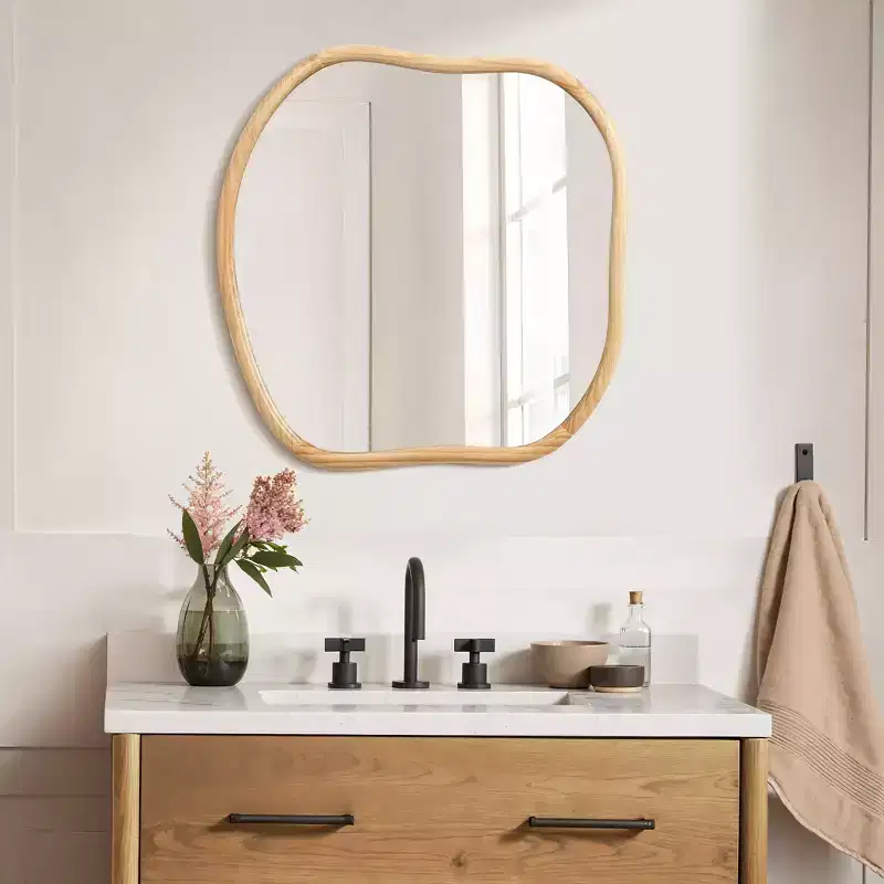 LuxenHome Natural Pine Wood Frame Square Irregular Wall Mirror, Accent and Vanity Brown