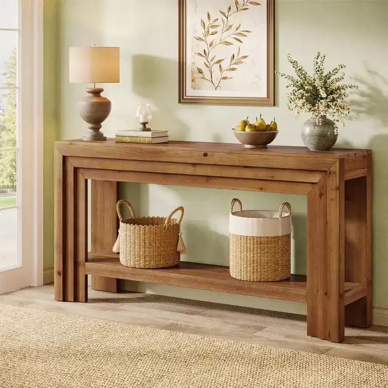 63-Inch Solid Wood Farmhouse Console Table with 2-Tier Storage Shelf