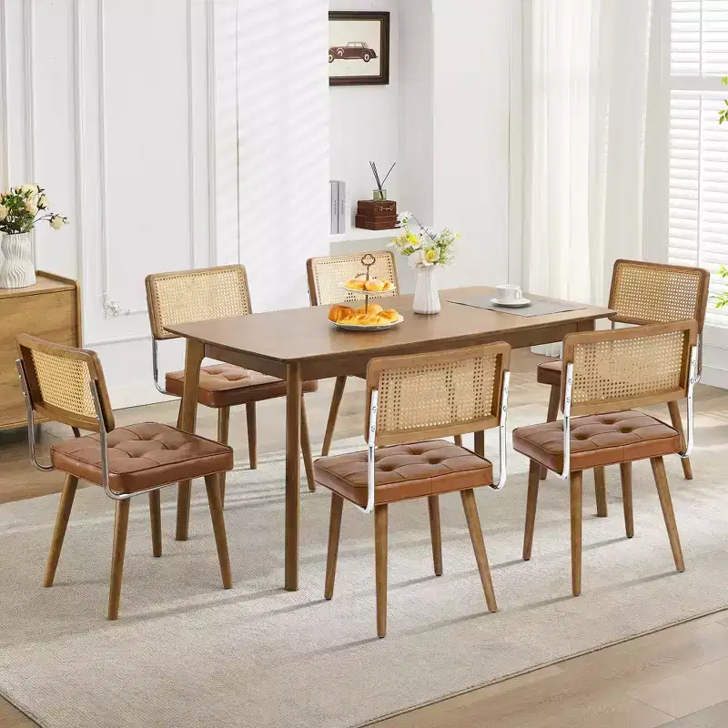 Modern Boho Rattan Dining Chairs Set of 4/6, Soft Upholstered Seat, Tall Cane Back, Sturdy Wooden Legs, for Kitchen, Dining Room, Restaurant