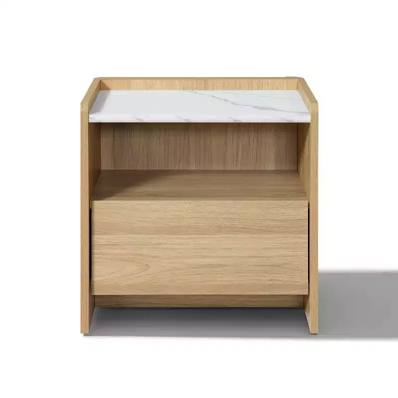 23 Oak Nightstand with Faux Marble Top, Wood Bedside Table with Open Storage Shelf, Brown