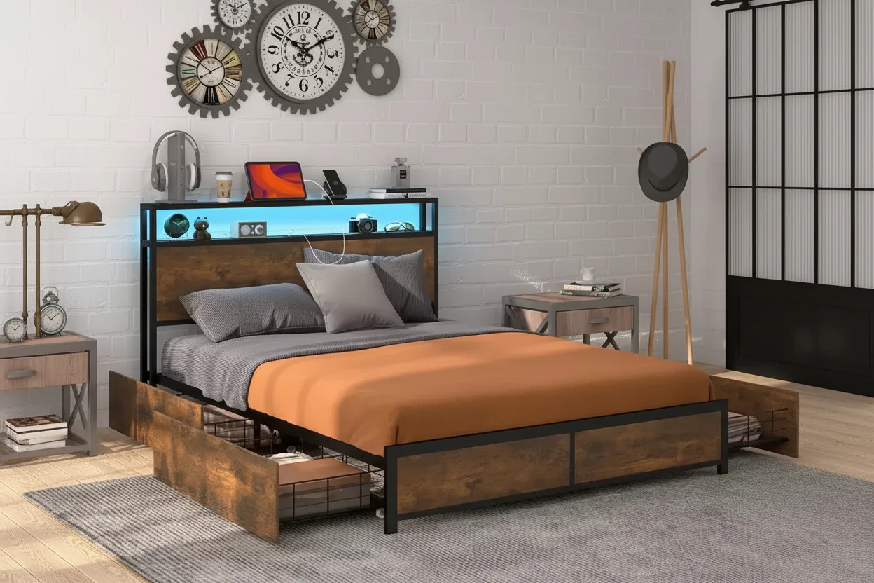 Full/Queen Industrial Platform Bed with Storage Drawers & LED Headboard