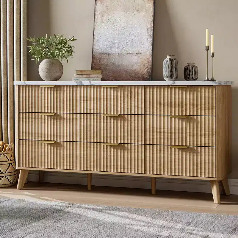 9 Drawer Dresser for Bedroom, 60.6W Chest of Drawers with Gold Handle, Fluted Dresser TV Stand, Clothing Storage Organizer for Living Room