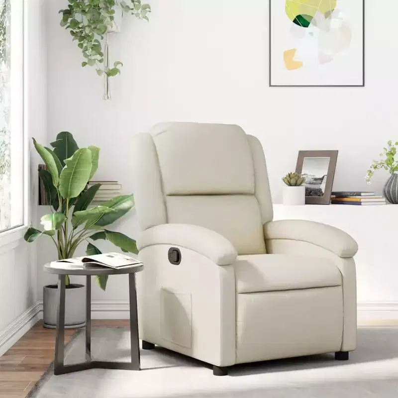 Cream Faux Leather Wingback Recliner Chair with Side Pocket