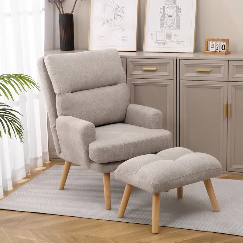 Accent Chair with Ottoman Set, Fabric Armchair with Wood Legs and Adjustable Backrest , Mid Century Modern Comfy Lounge Chair