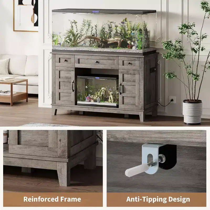 55-75 Gallon Aquarium Stand with Power Outlet, 3 Drawers & Cabinets, 1400 lbs, Farmhouse