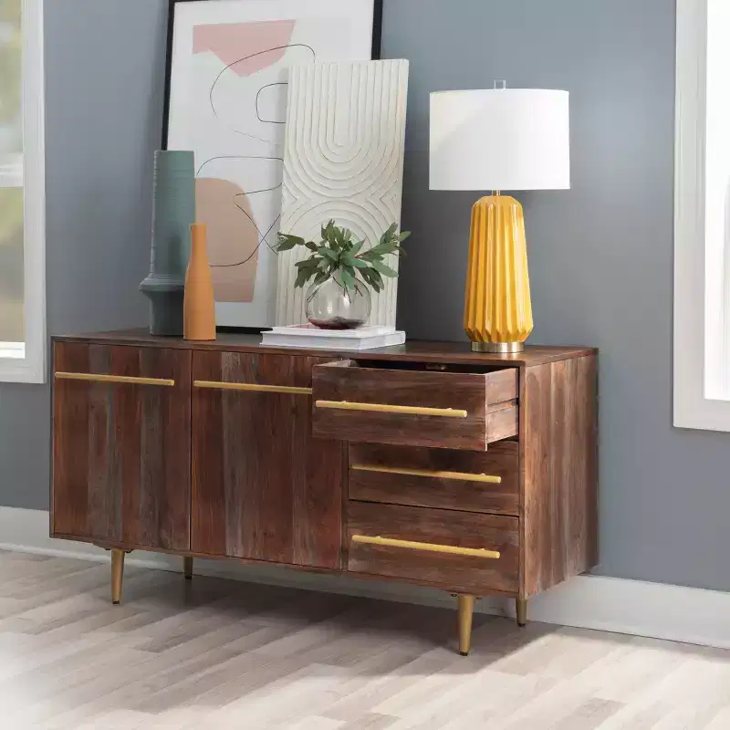 58 Inch Mid-Century Modern Storage Console in Brown Solid Acacia Wood with Gold Handles