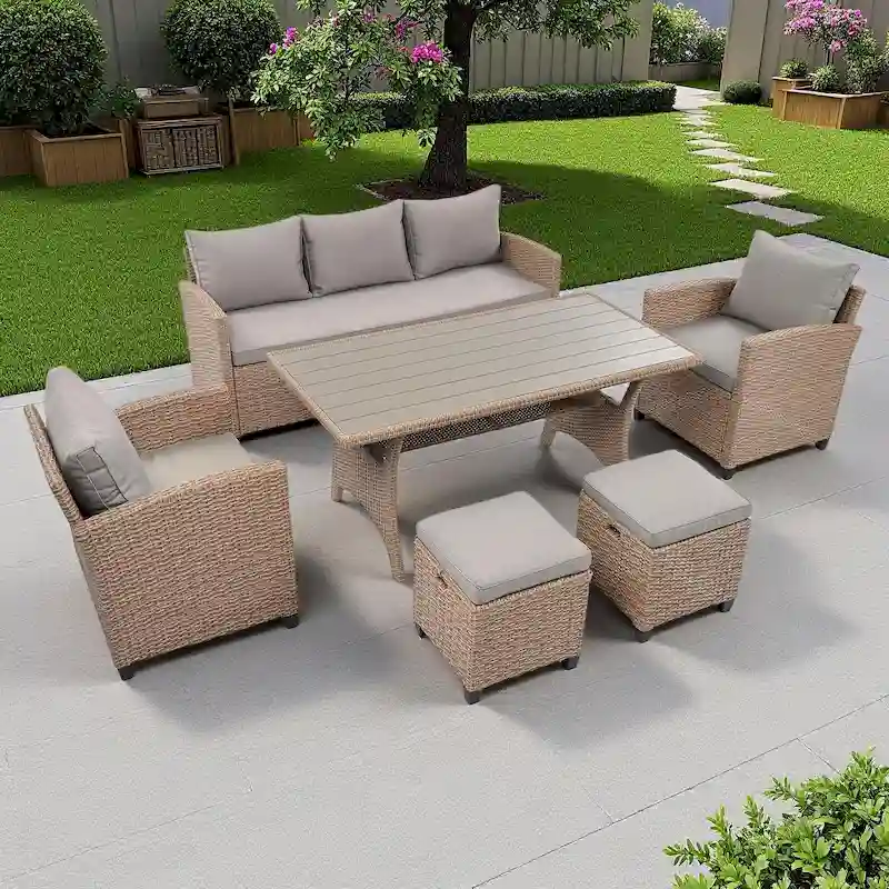 6-Piece Outdoor Patio Rattan Sofa Set with Dining Table, Chair, and Stools