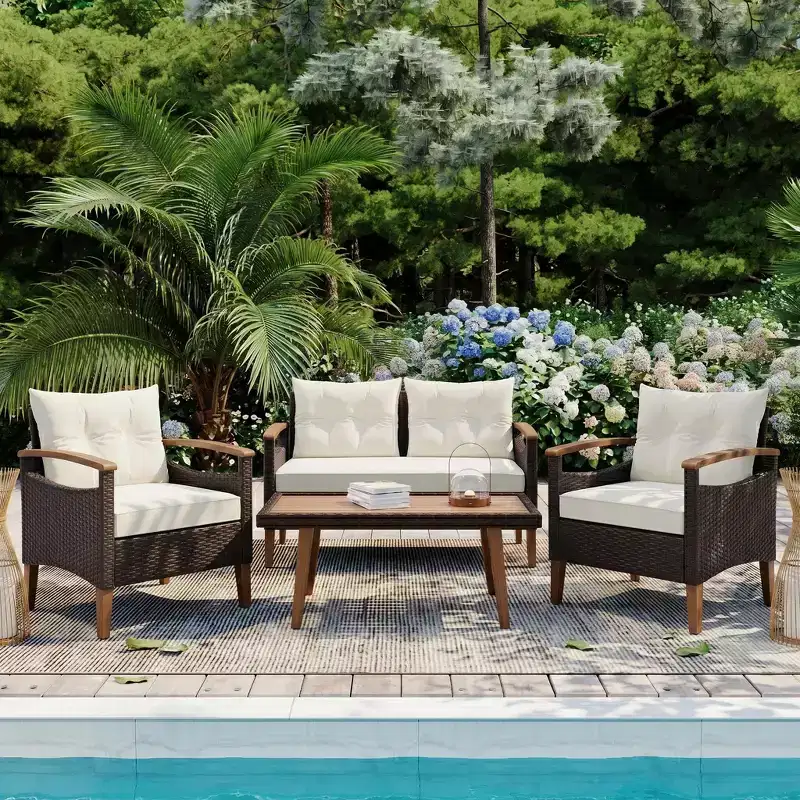 Whisen 4-Piece Weather Resistant Wicker Patio Sofa Set, PE Rattan Outdoor Sectional Sofa Couch Set with Wood Table and Legs, Garden Furniture