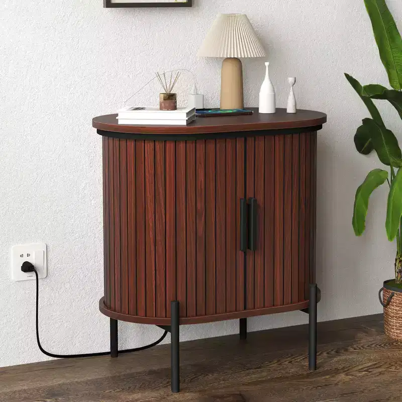 Mid-Century Modern Sideboard with Sliding Slat Doors, Built-In Power Outlet and USB Ports