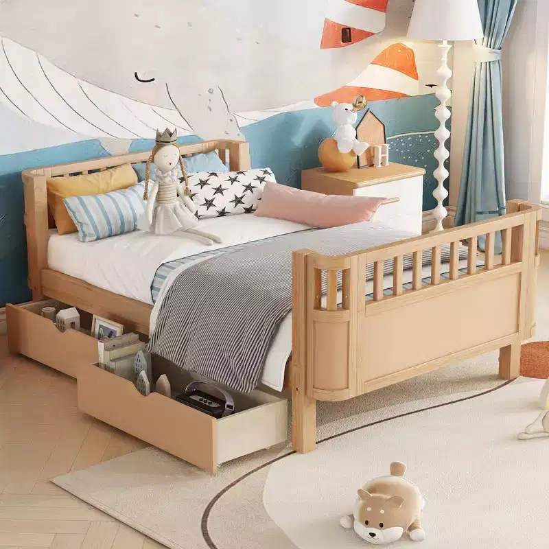 Whisen Modern and Elegant Twin Size Wood Platform Bed with Rails for Girls and Boys