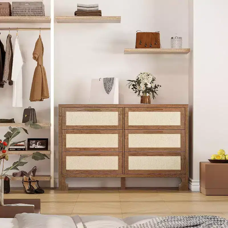 Natural Burlap & Wood 6-Drawer Dresser, Single, Mid-Century Style