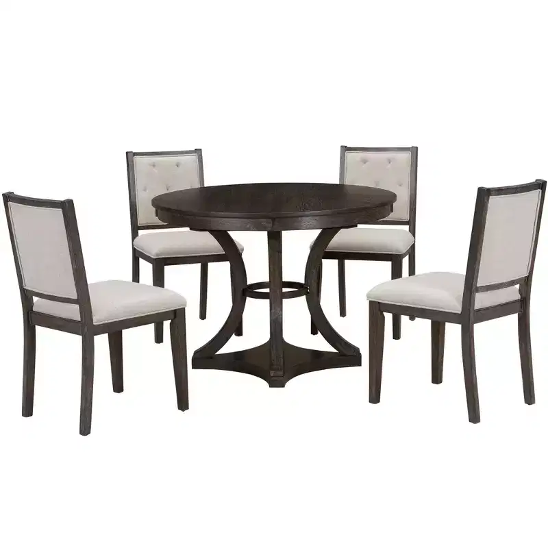 Merax Stylish 5-Piece Retro Dining Set with Extendable Round Table & 4 Upholstered Chairs