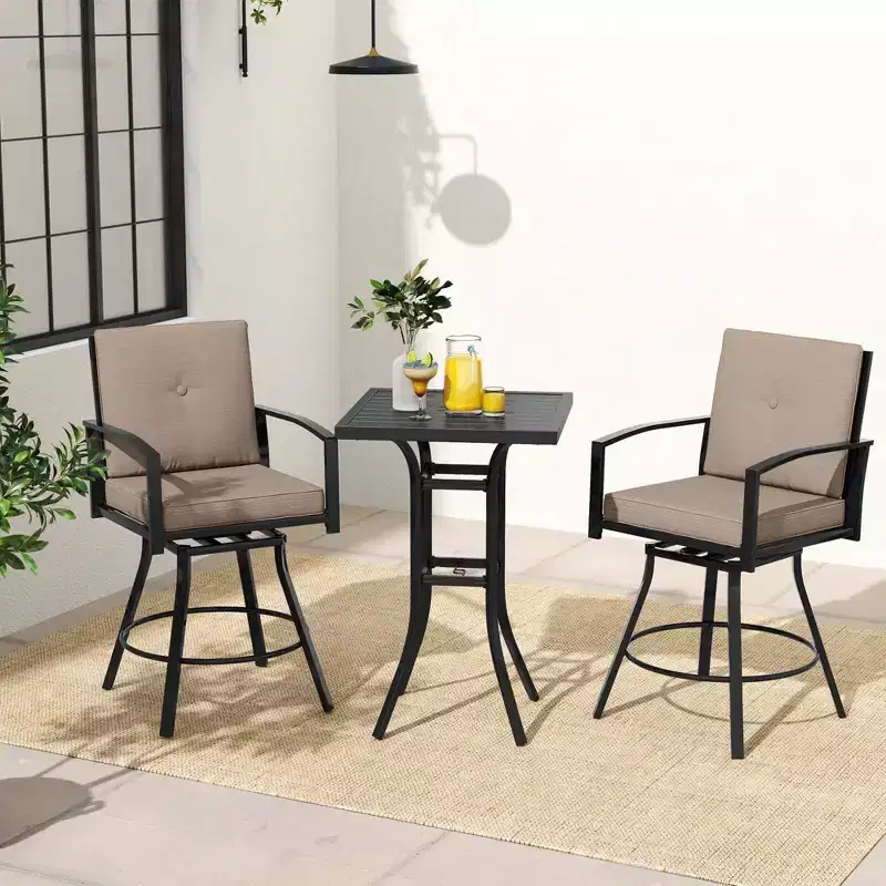 Costway 3 PCS Patio Swivel Bar Set Table and Chairs Set with Soft Cushions & Umbrella Hole