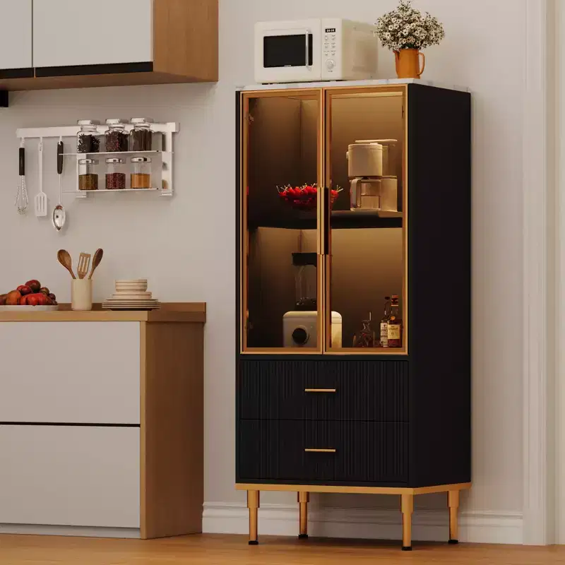 Storage Cabinet With Glass Doors, Sideboard Buffet Cabinet with 2 Fluted Drawers, Adjustable Shelves for Living Room, Dining Room and Kitchen