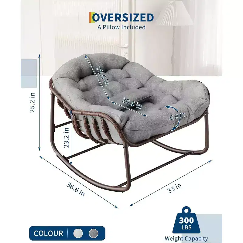 Oversized Papasan Rocking Chair Metal Frame Wicker Rattan Cushion for Patio Backyard Balcony Grey