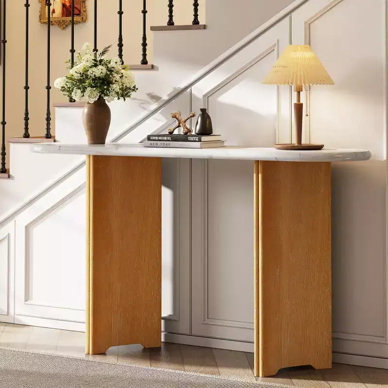 MAYEERTY Narrow Console Table with Oval Faux Marble Top Rustic Sofa Table with Curved Legs for Living Room Natural White