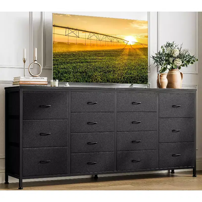 63 W Dresser Tv Stand for 65 70 75 Inch Tv, 14 Drawer for Bedroom with Power Outlets, Large Long Fabric Dresser Entertainment Center