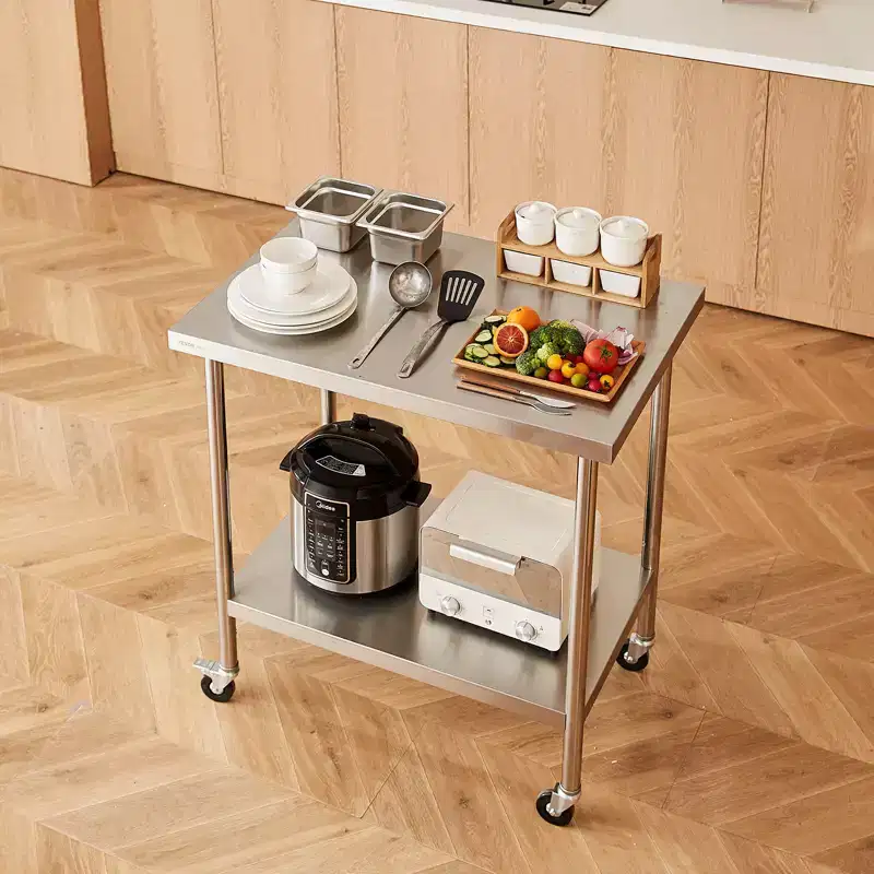 Stainless Steel Work Table 30x36x38 Inch, 4 Swivel Casters, 3-Level Adjustable Shelf