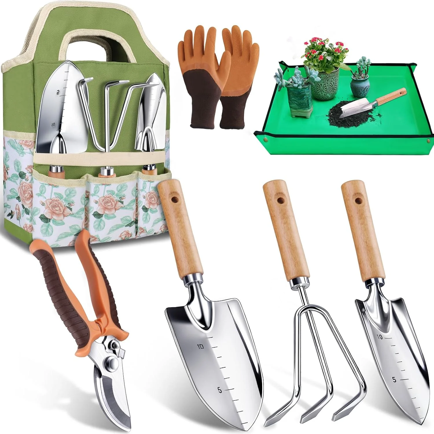 Garden Tools Set with Tote Bag, Gloves and Repotting Mat for Outdoor Planting