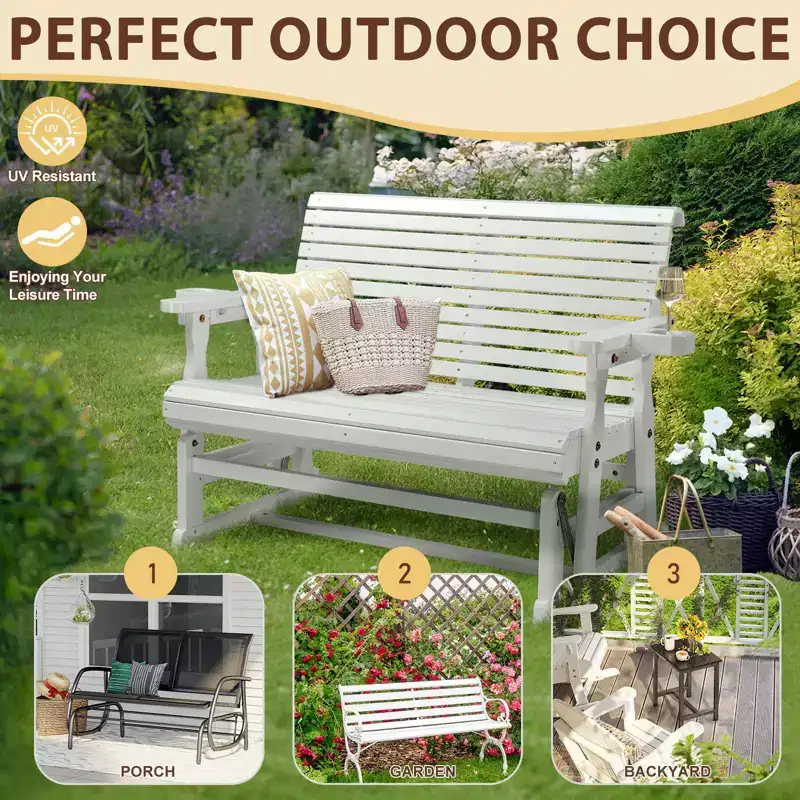 Karl Home | 48 in. Solid Wood Patio Glider Bench with Cup Holder