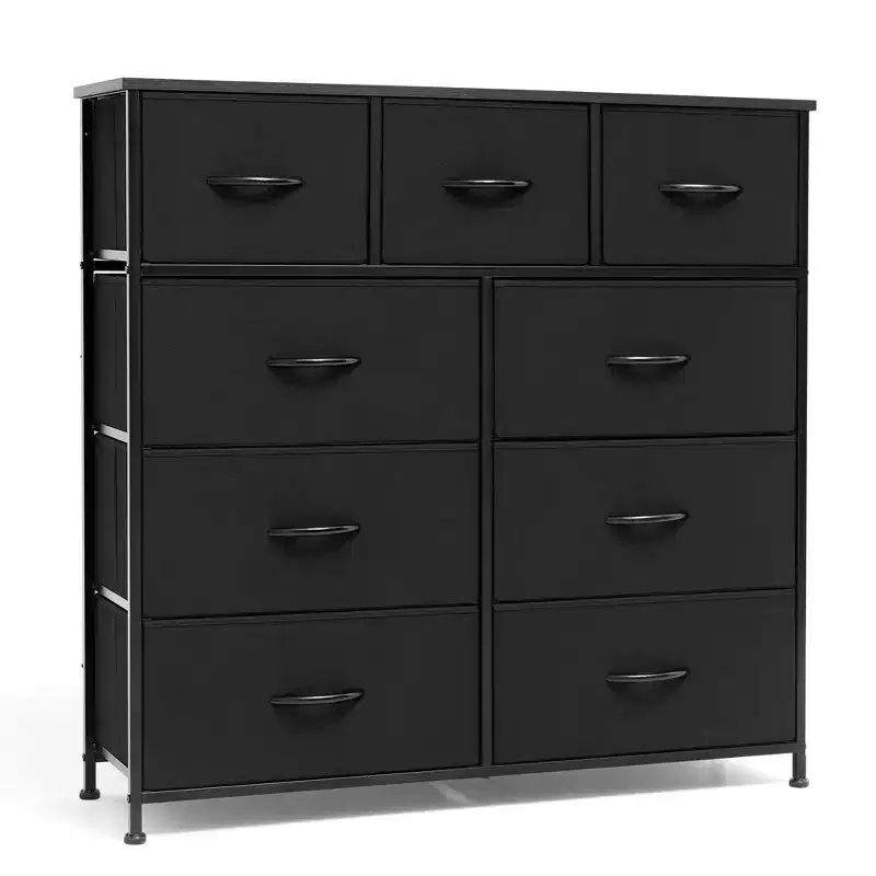 9-Drawer Extra Wide Fabric Dresser for Bedroom Clothes Storage Tower with Sturdy Steel Frame Wood Top Easy Pull Bins Wood Handles