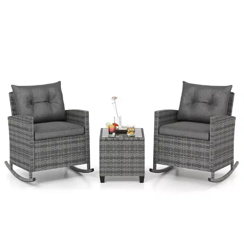 Costway 3 PCS Patio Wicker Rocking Set with Tempered Glass Table & Soft Cushions Outdoor Navy/Gray