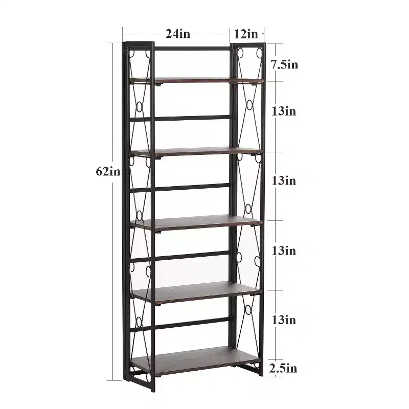VECELO Folding Bookshelf, 5 Shelf Folding Bookcase, Industrial Metal Freestanding Shelves Rack Organizer for Living Room or Bedroom, Brown