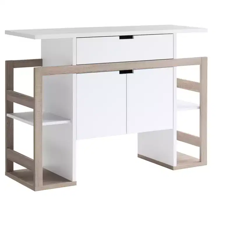 Decorative Storage Cabinet with Drawer, Open Side Shelves and Two-Door Base for Living Room or Dining Space, White Oak