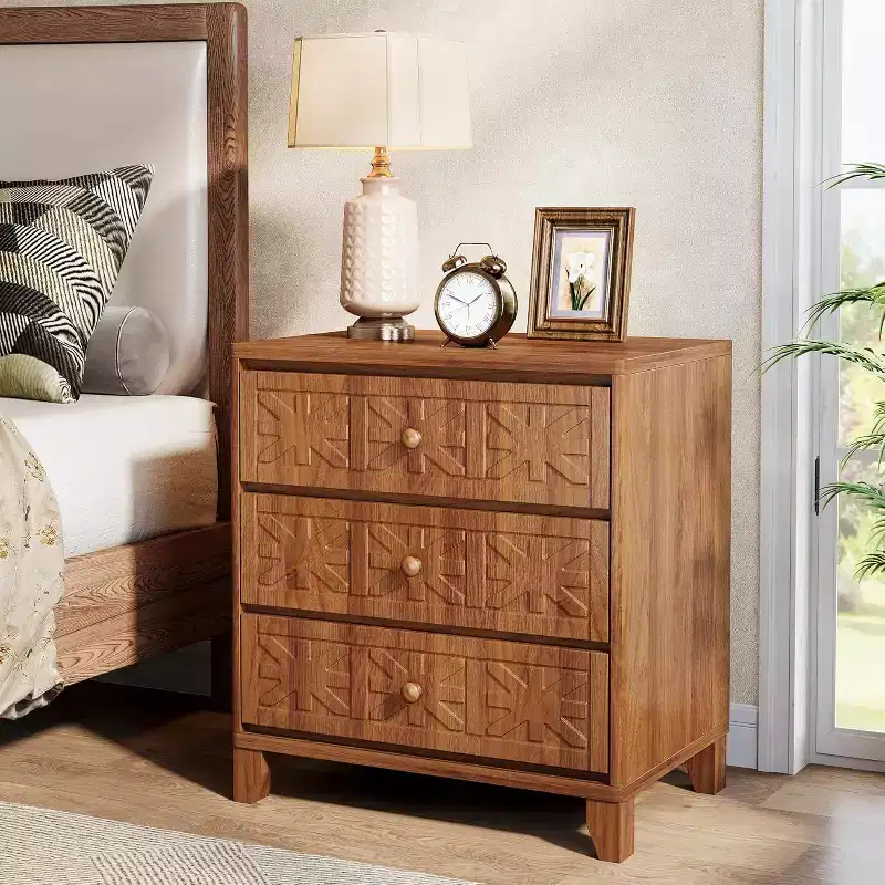 Nightstand with 3 Drawers, Farmhouse Bedside Table with Elegant Patterns, Industrial Night Stand End Table for Bedroom, Brown