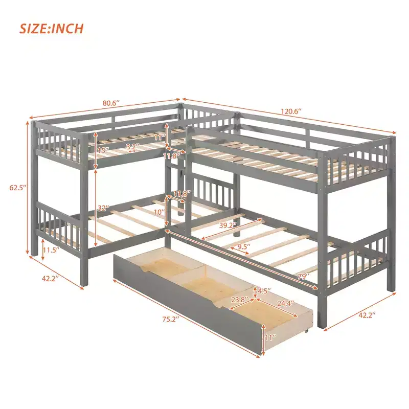L-Shaped Twin over Twin Bunk Bed with Trundle for 4 Kids, Wood Twin Size Bunk Bed Frame with Drawers