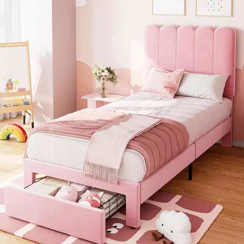 Twin Platform Bed Frame with Storage Drawer and Upholstered Headboard, Strong Wooden Slats, Noise-Free, Easy Assembly
