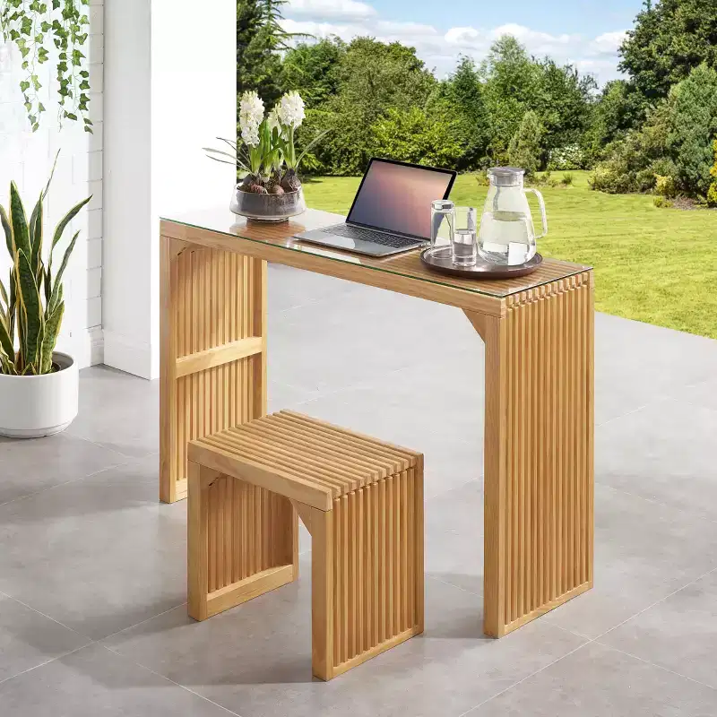 Farmhouse Pine Dining Table and Bench Set with Tempered Glass Top
