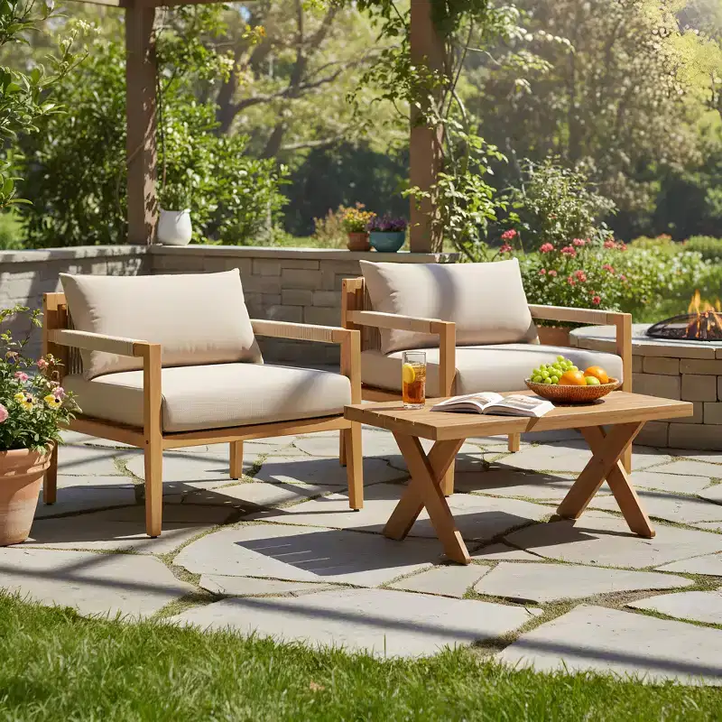 Christopher Knight Home Hyunsik Modern Patio Acacia Wood Seating Set with 2 Chairs and Hand Crafted Coffee Table
