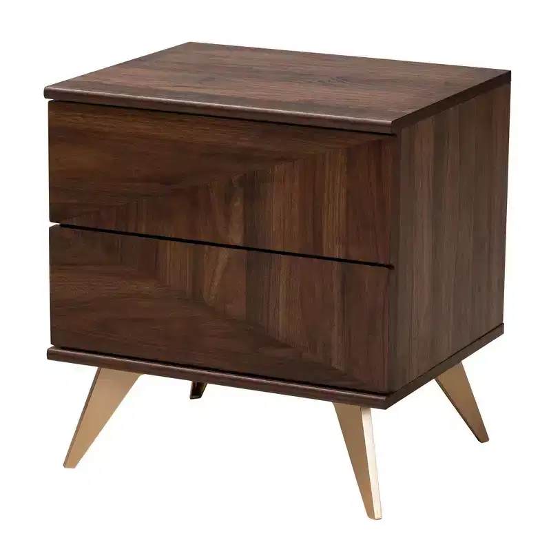 2-Drawer Mid-Century Nightstand, Walnut Brown/Gold, Geometric Wood Grain