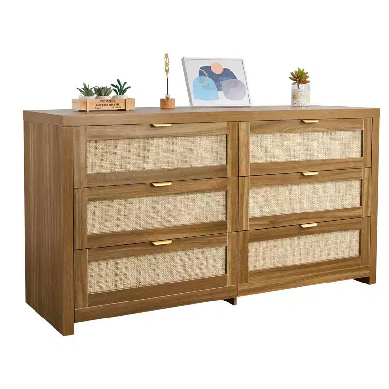 6-Drawer Rattan Double Dresser with Metal Handles Storage Cabinet for Bedroom Walnut