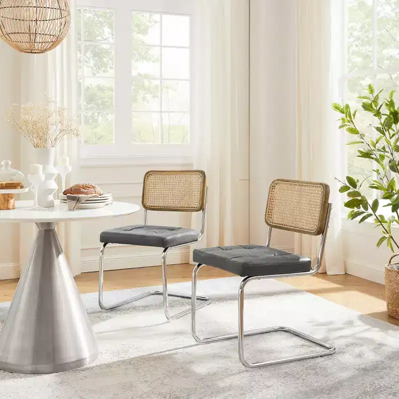 Art Leon Faux Leather Seat and Wicker Cane Back Dining Chairs, Set of 2