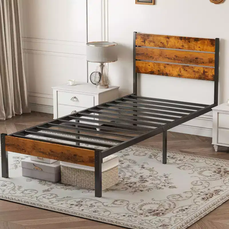 MAYEERTY Industrial Metal Platform Bed Frame with Wood Headboard & Footboard, 800lbs Load Capacity & 12.8 Underbed Storage