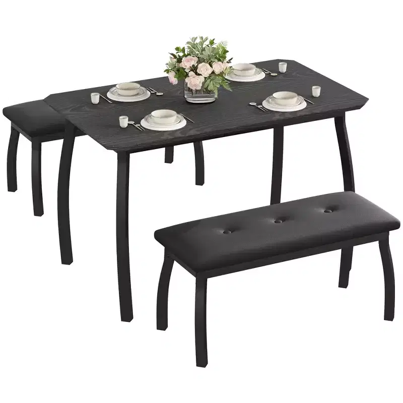 Bench-Style Dining Table Set Wooden dining table with 2 benches 4-6 person dining table and chair set Suitable for kitchens, apartments, and studios
