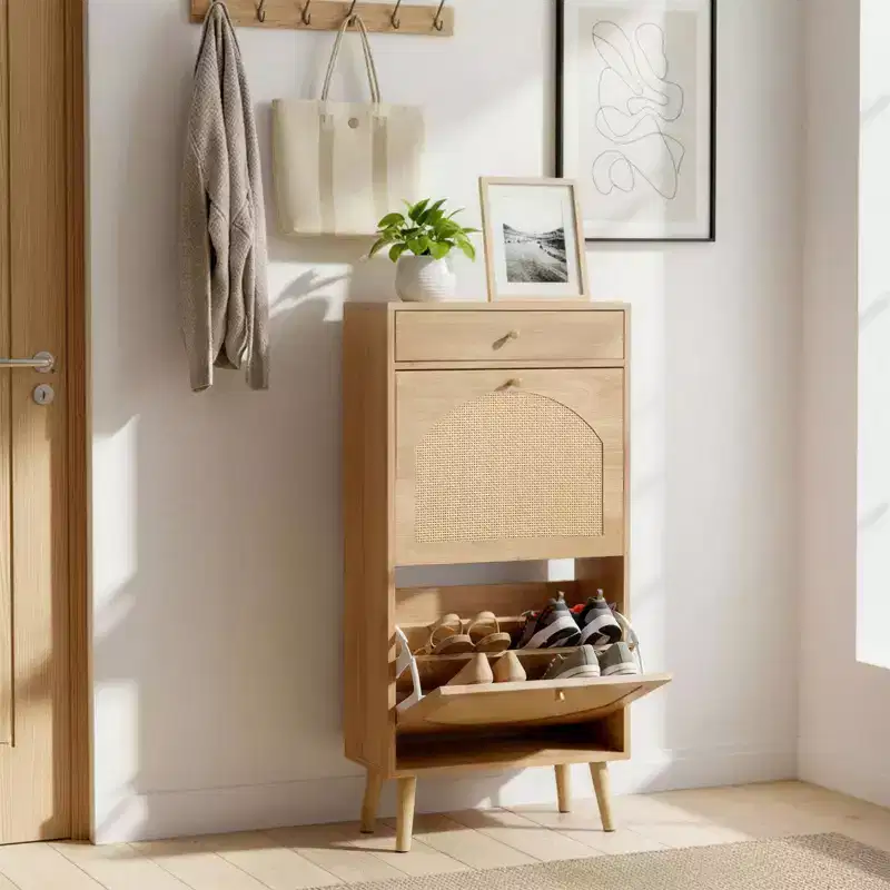 Karl Home Rattan Panel 1 Drawer 2 Flip-Drawer Shoe Cabinet Particleboard 21.26 W