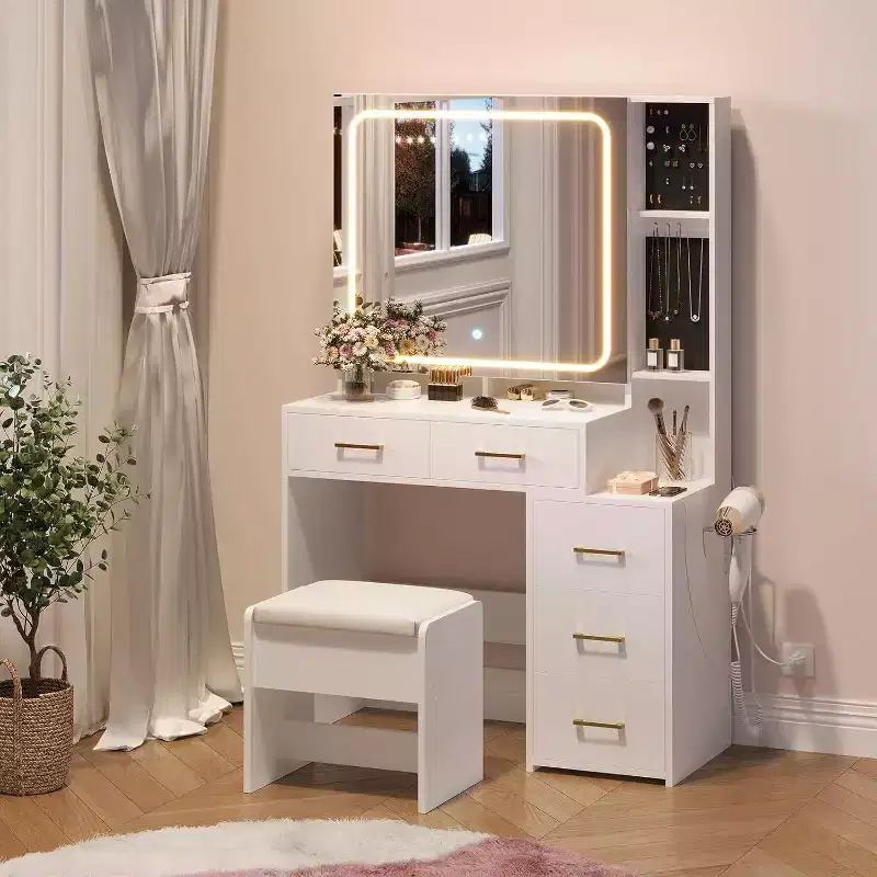 Acekool White Makeup Vanity Set with LED Mirror & Lights, 5 Drawers, Storage Stool, Power Outlet, and 3-Color Adjustable Lighting for Bedroom