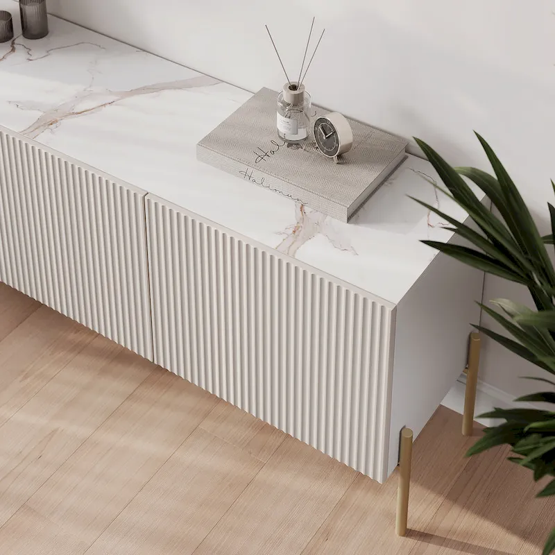 Beige TV Stand Console Fits TV's up to 65 in. with Metal Legs in Art Deco Design
