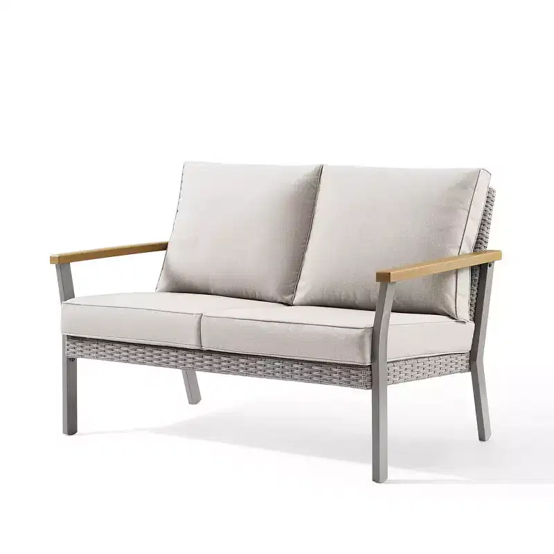 SONGMICS HOME Sencillo Collection - Loveseat, 2-Seat Sofa, Lounge Chair, Patio Seat, with Faux Wood Armrests,Gray and Beige